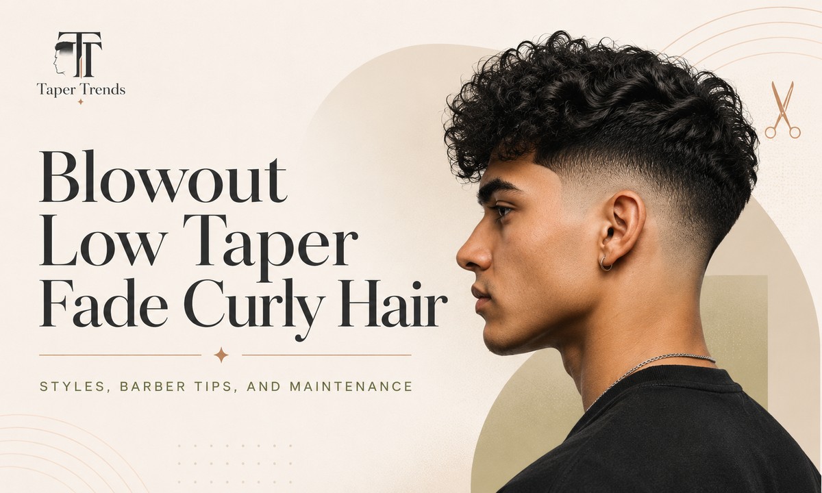 Blowout low taper fade on curly hair — a full, rounded curly top with real volume over sides that fade low and clean around the ears and neckline.