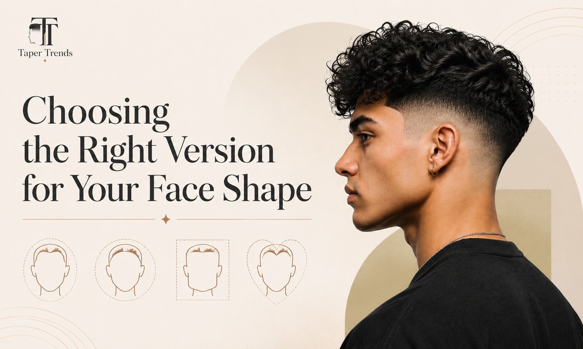 Blowout low taper fade curly hair shaped for different face shapes — a taller crown for round faces and a softer, rounded top for square and heart shapes.