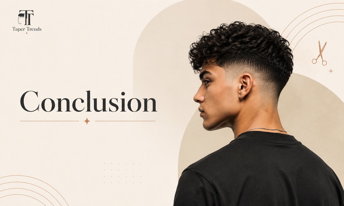 A finished blowout low taper fade on curly hair — a full, rounded curly crown over clean low-faded sides, showing why the cut is so reliable.