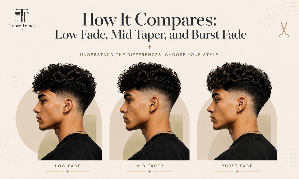 Comparison of a blowout low taper fade with a standard low fade, a mid taper fade, and a burst fade on curly hair.