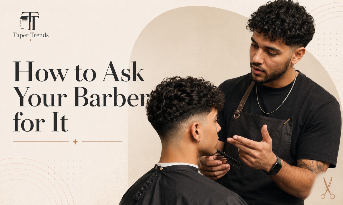 A barber cutting a blowout low taper fade on curly hair, shaping the rounded top with shears while keeping the fade low near the ears and neckline.