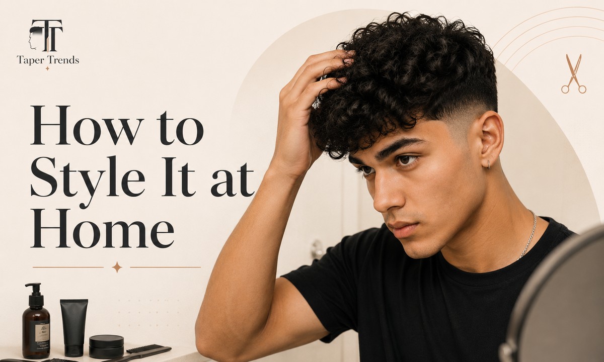 Styling a blowout low taper fade at home — diffusing curl cream through damp curls and rounding the crown with a pick for volume.