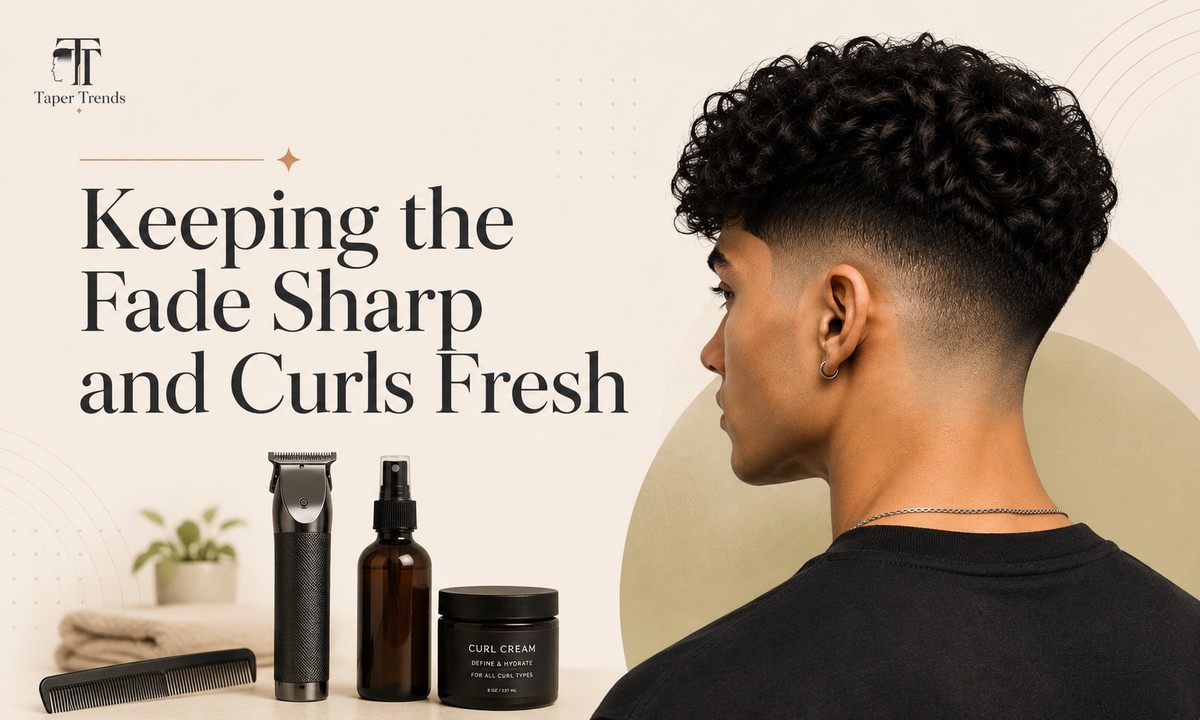 Keeping a blowout low taper fade sharp — a fresh low fade at the nape and ears with the curly crown still full between top trims.