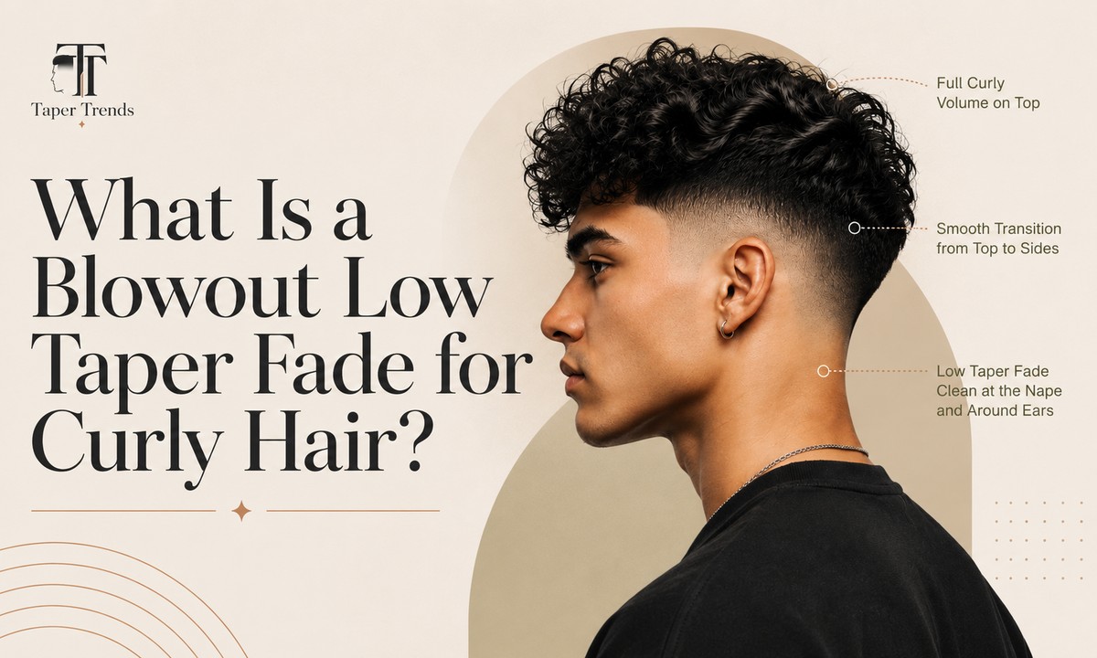 A blowout low taper fade for curly hair, showing a rounded voluminous curly top over sides that fade low and gradually near the ears and neckline.