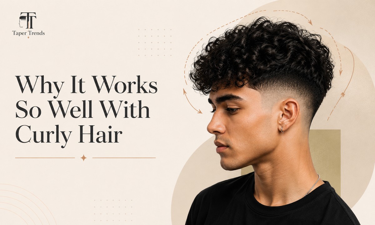Blowout low taper fade on curly hair showing the low blend flowing from the neckline into full curl volume without a harsh contrast line.