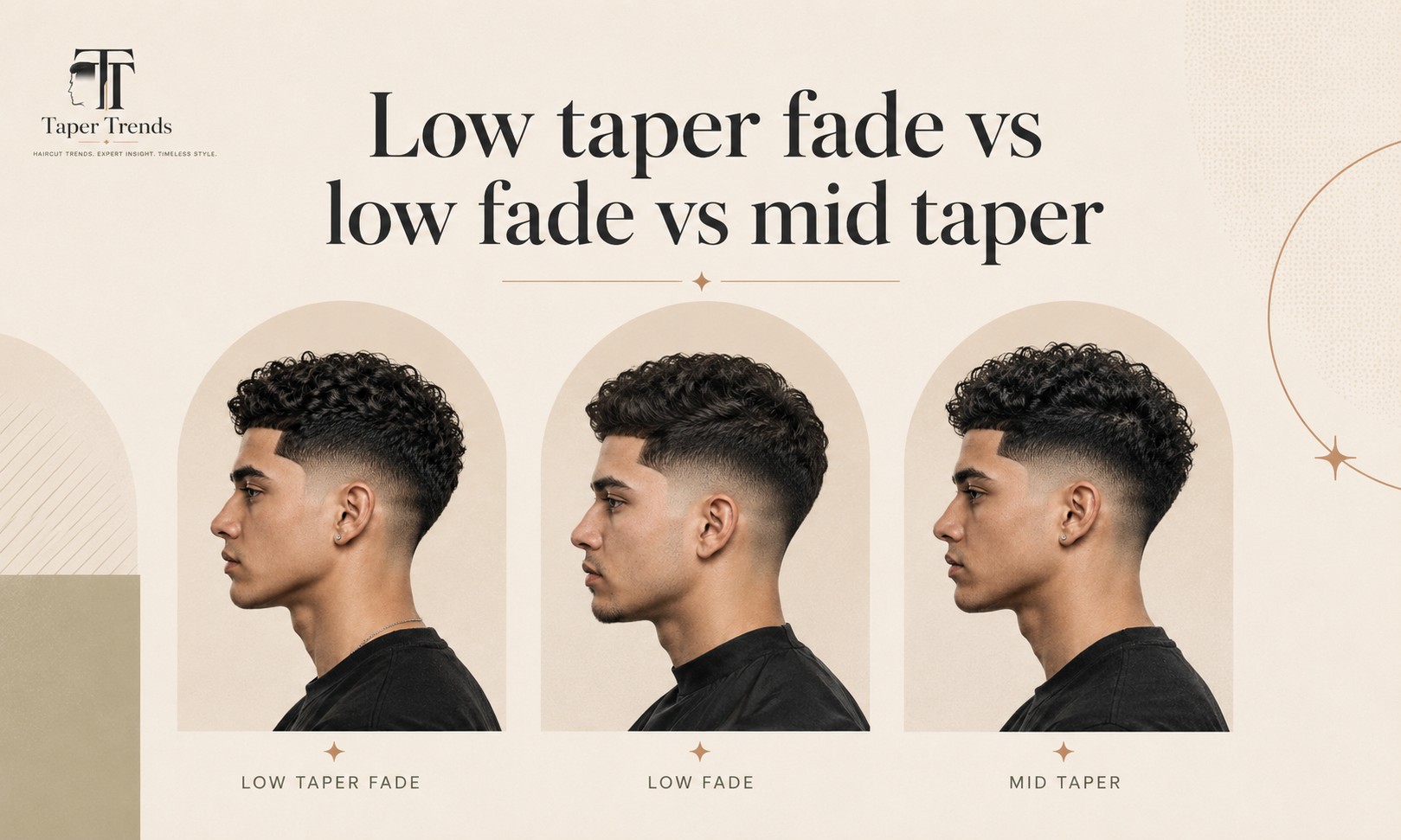 A barber's comparison of a curly low taper fade next to a low fade and a mid taper, showing how the blend height changes the contrast on curly hair.