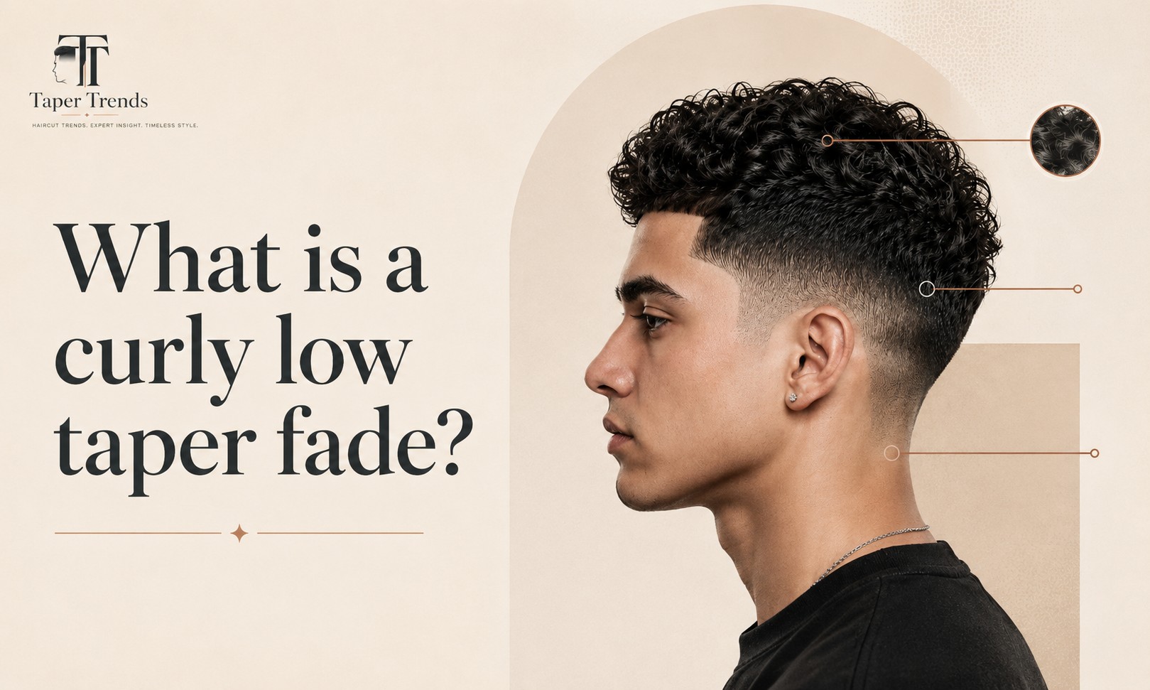 A curly low taper fade broken down — the fade blends low near the ears and neckline while natural curls keep their length and volume on top.
