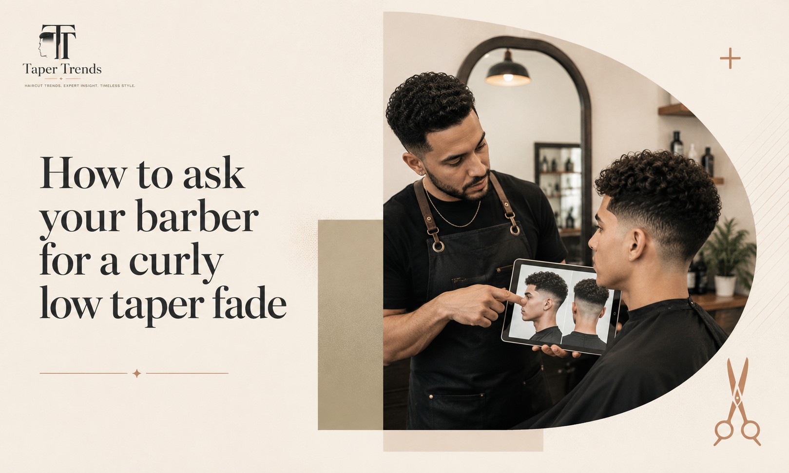 A barber giving a curly low taper fade, keeping the fade low near the ears and neckline while leaving curl length and definition on top.