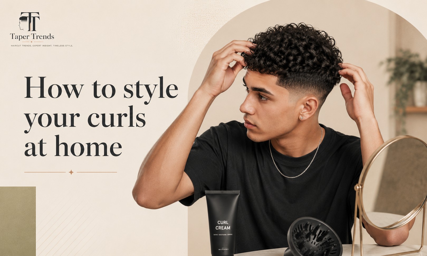 Styling a curly low taper fade at home — scrunching curl cream through damp curls before diffusing on low heat to keep them defined and frizz-free.