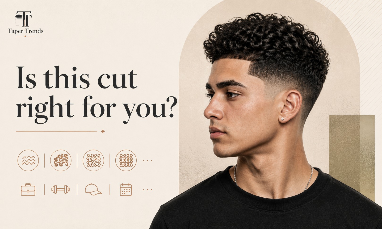 A curly low taper fade shown across curl patterns and ages, from thick spiral curls to a shorter, tidy curly top over a low taper.