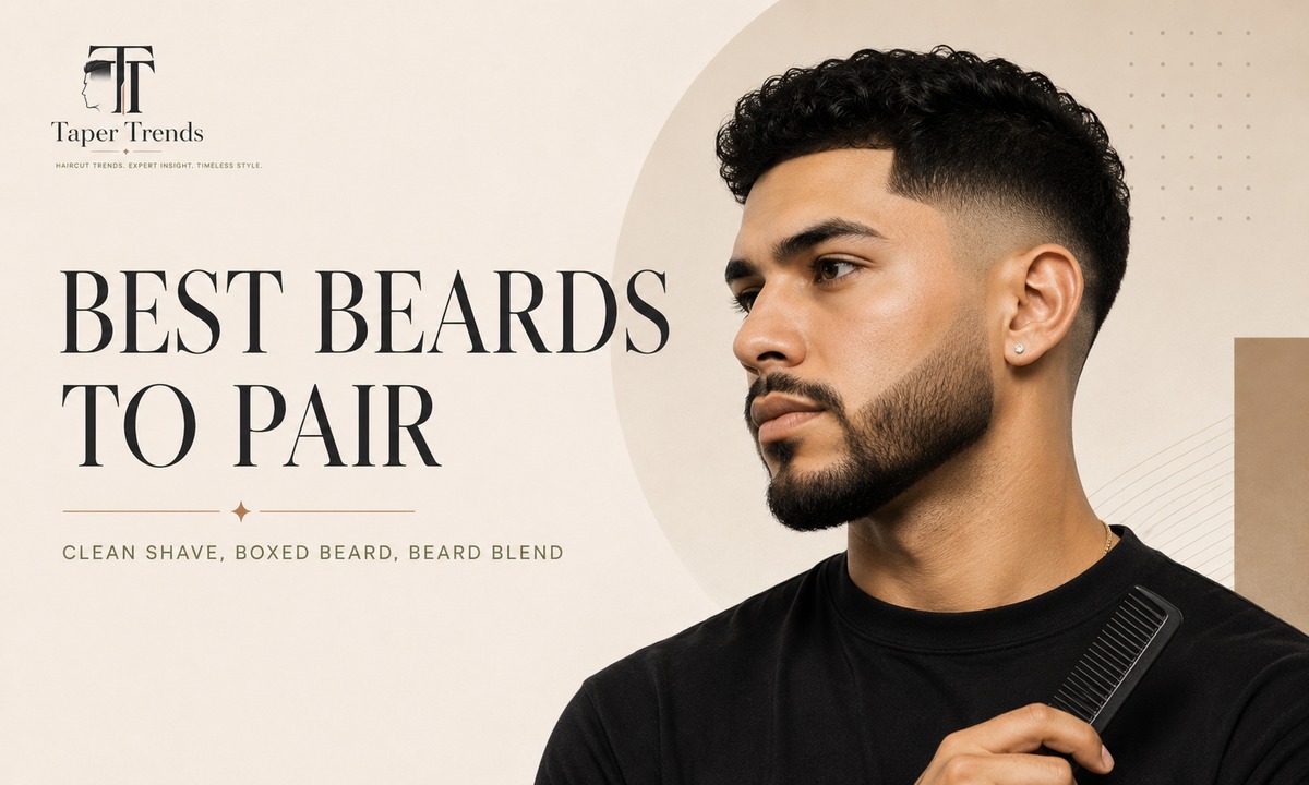 Beards that pair with a low taper fade — a clean shave, a short boxed beard, a goatee, and a faded beard blend.