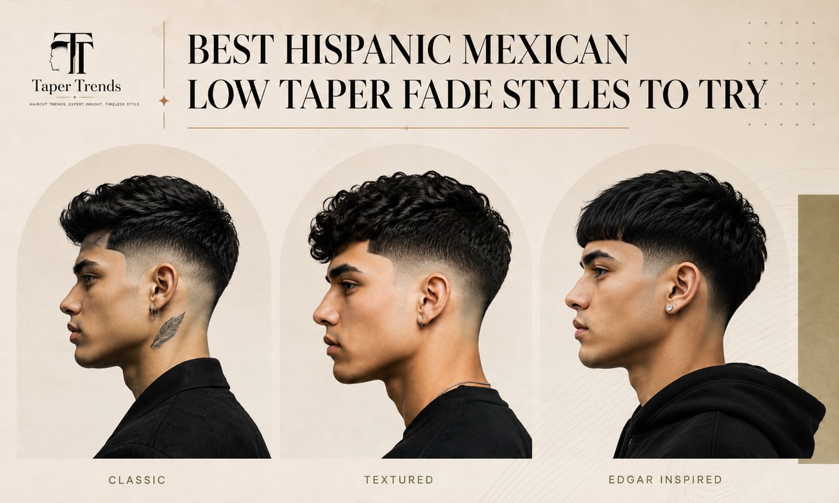 Best Hispanic Mexican low taper fade styles — a classic combed top, a curly low taper, an Edgar cut, and a takuache-inspired shape over low-faded sides.