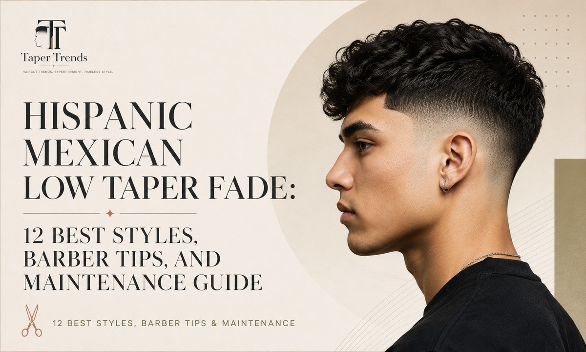 Hispanic Mexican low taper fade — natural volume on top with a crisp lineup over sides tapered low around the ears and neckline.