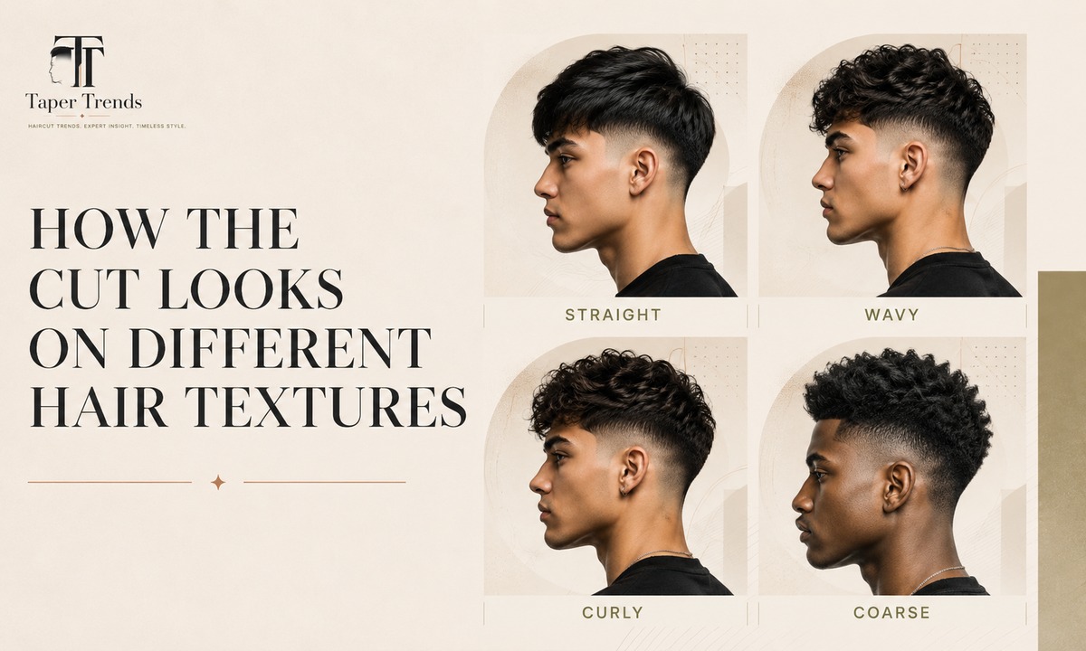 A Hispanic Mexican low taper fade shown across thick straight, wavy, curly, and coarse hair textures.