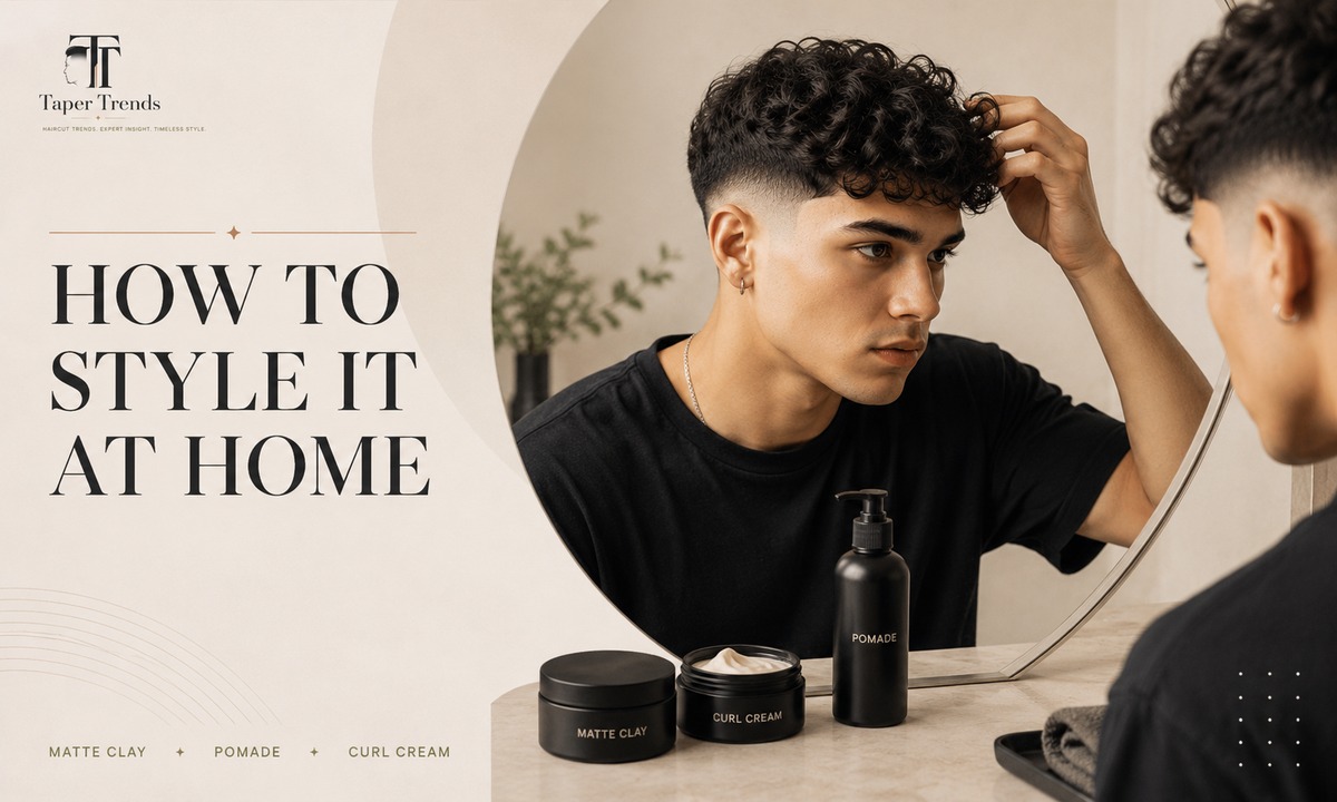 Styling a Hispanic Mexican low taper fade at home with matte clay, pomade, and curl cream on damp hair.