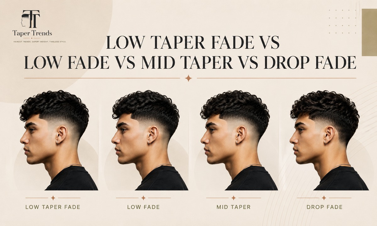 A low taper fade compared with a low fade, a mid taper, and a drop fade, showing how each one blends the sides differently.