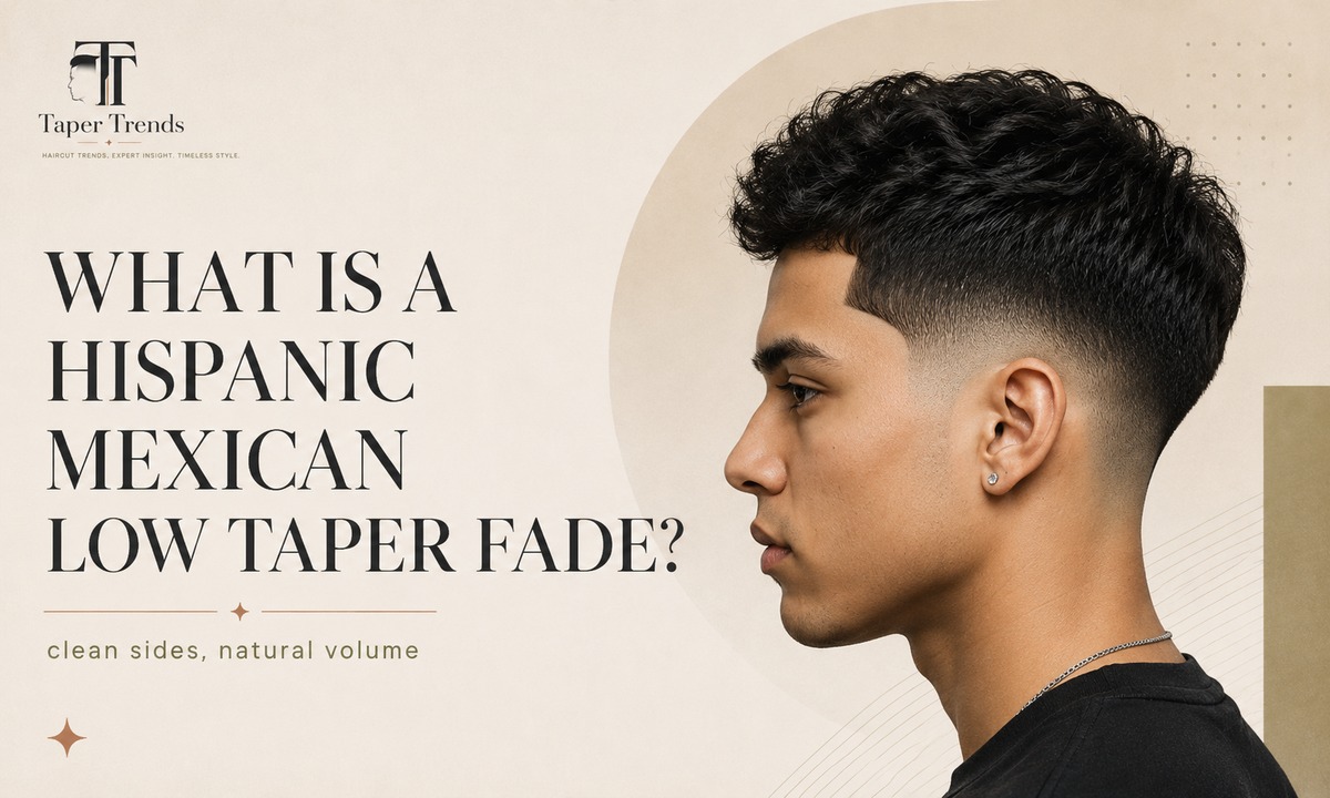 A Hispanic Mexican low taper fade showing natural volume on top with a crisp lineup while the sides taper low near the ears and neckline.
