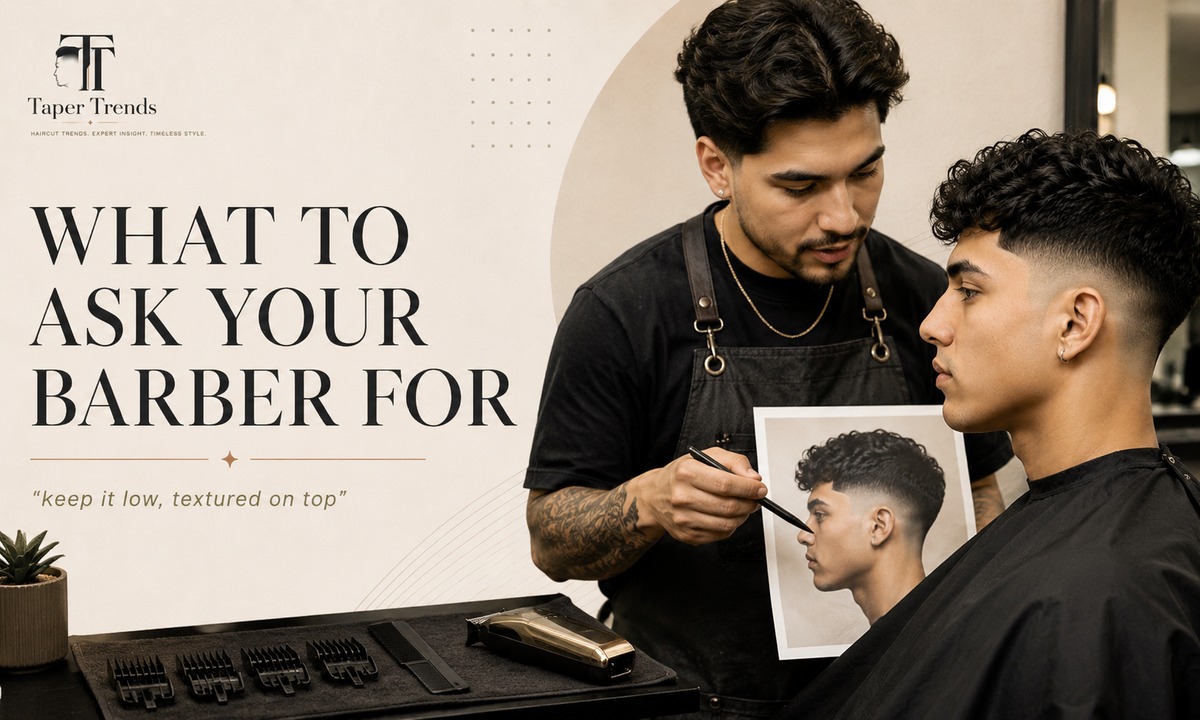 A barber giving a low taper around the sideburns and neckline while keeping the top textured and the hairline clean.