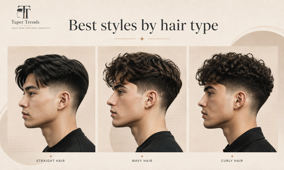 Best long hair low taper fade styles by hair type — a slicked-back straight top, a wavy flow, and a defined curly top over low-faded sides.