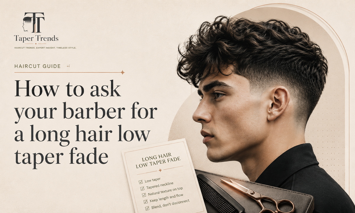A barber giving a long hair low taper fade, keeping the blend low near the ears and neckline while leaving length on top.