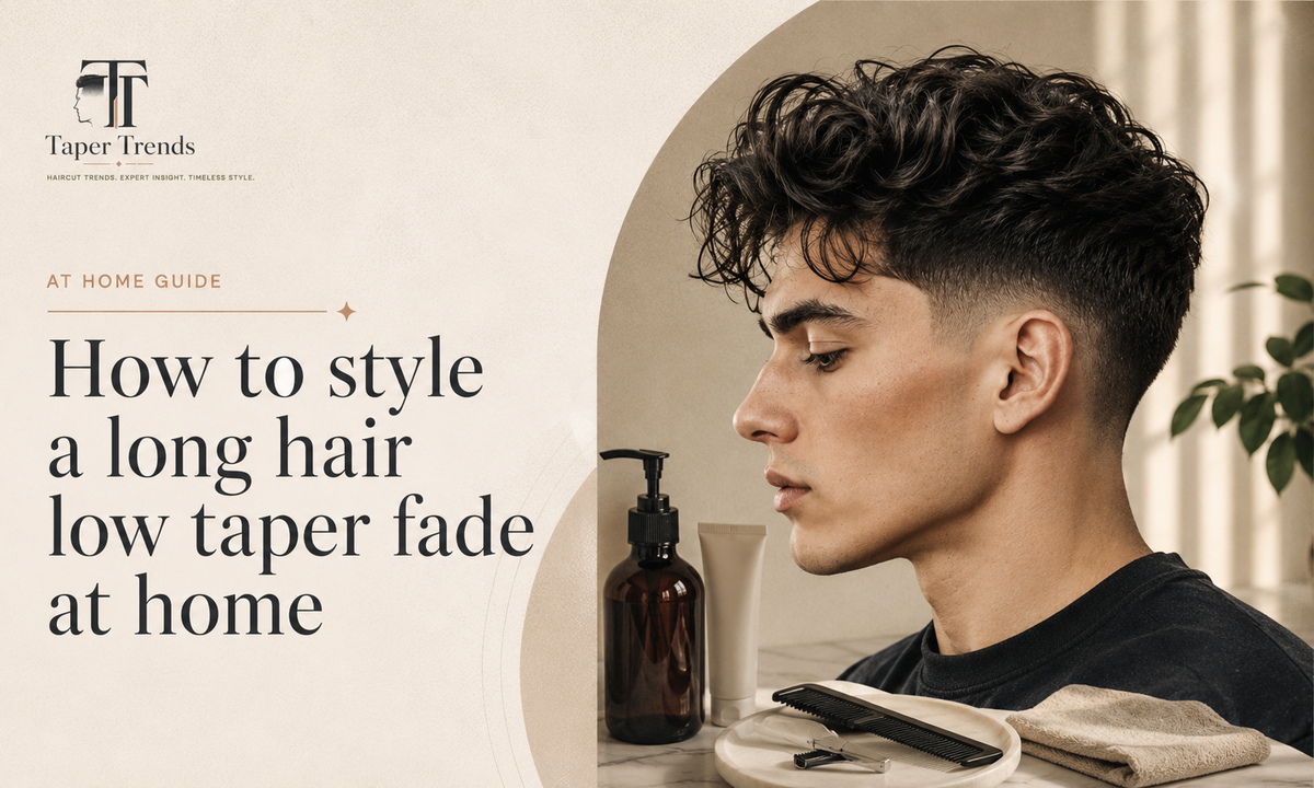 Styling a long hair low taper fade at home — working pomade from the roots and smoothing the length back over low-faded sides.