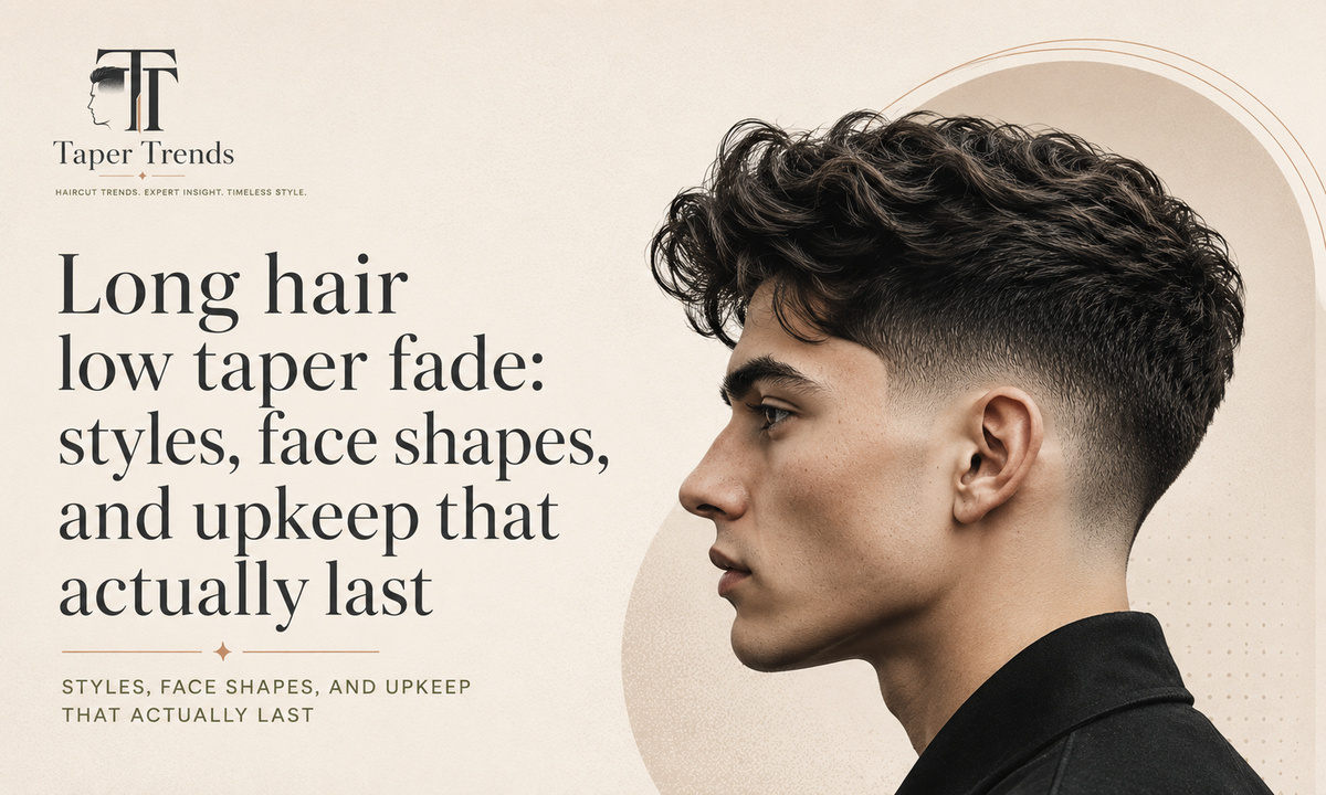 Long hair low taper fade — real length kept on top over sides that fade low and clean around the ears and neckline.