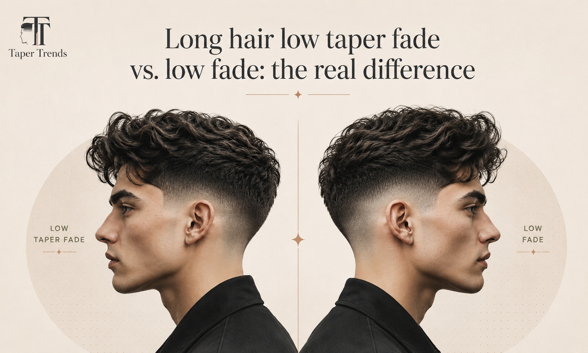 Long hair low taper fade next to a low skin fade — one keeping soft length near the hairline, the other blending down to bare skin.