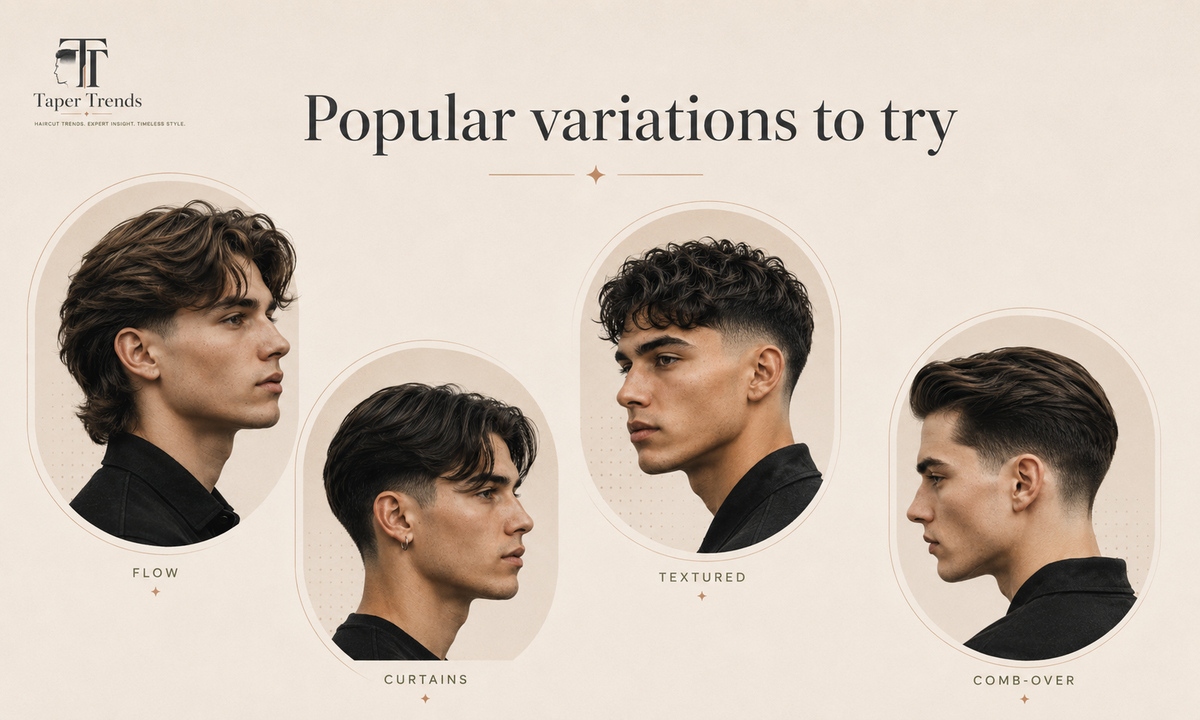 Popular long hair low taper fade variations — a man bun, a mullet-inspired long top, a two-block cut, and center-parted curtains over clean low-faded sides.