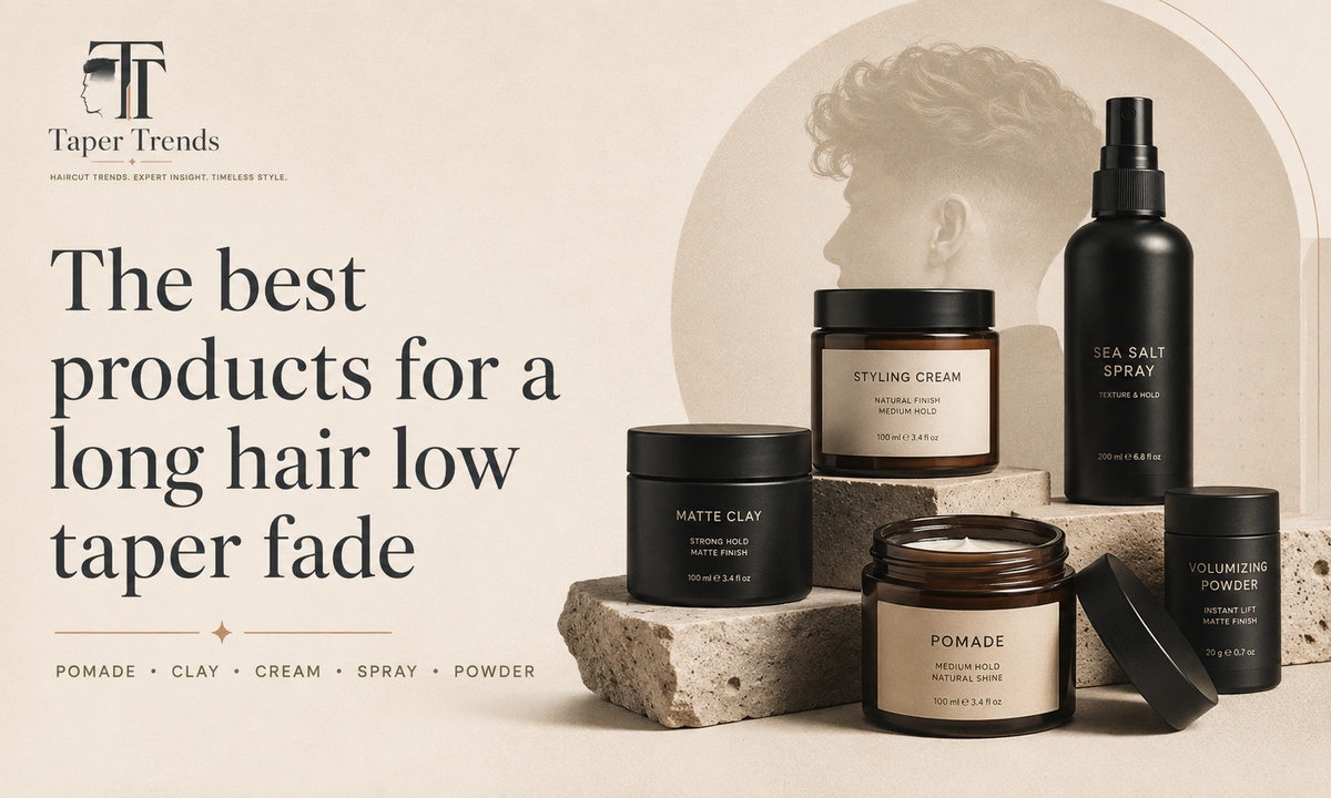The best products for a long hair low taper fade — pomade, matte clay, styling cream, sea salt spray, curl cream, and texturizing powder.