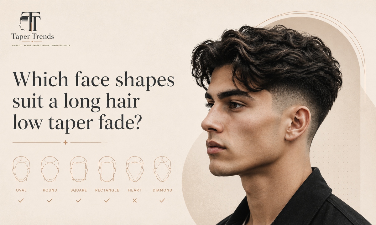Long hair low taper fade shown across face shapes — oval, round, square, and oblong — with the top styled to balance each proportion.