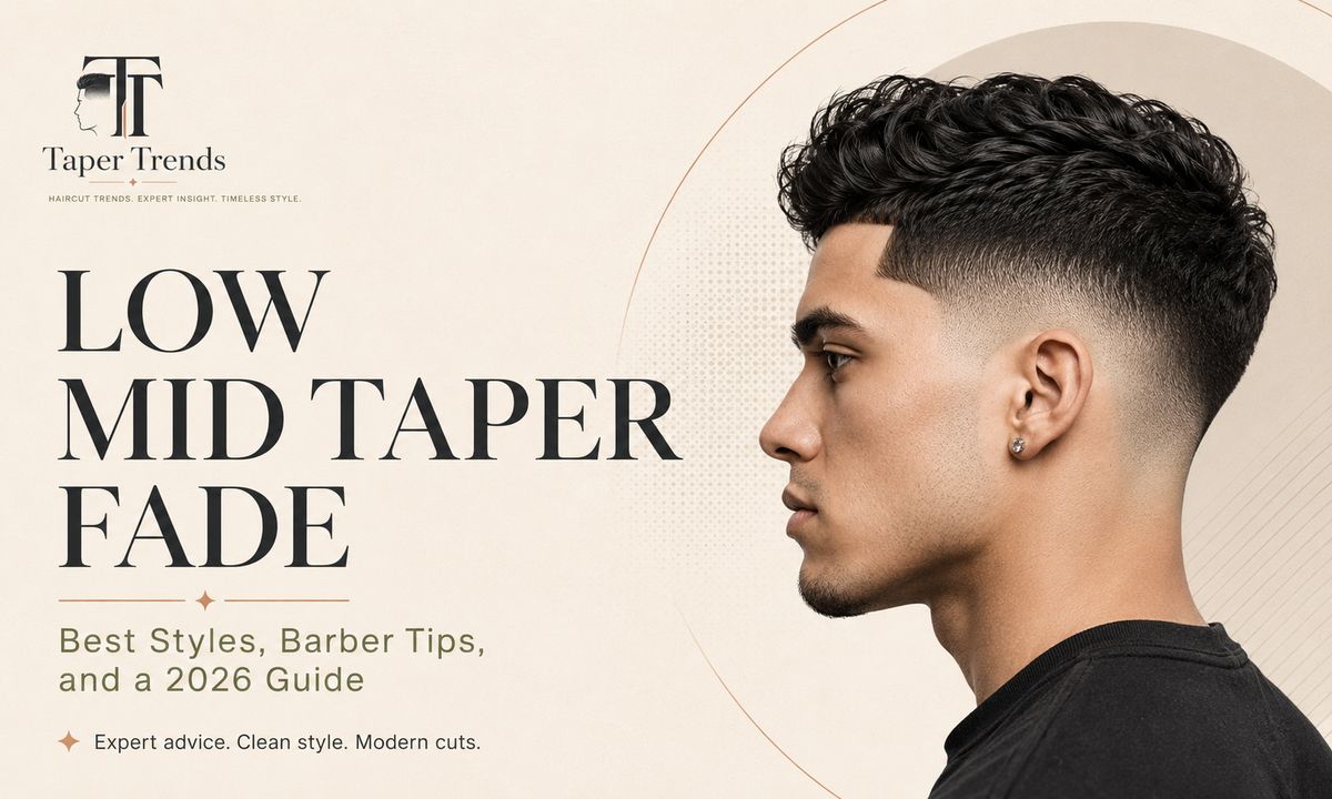 Low mid taper fade haircut — sides blended from the mid-temple down to a tight, clean neckline with a textured top.