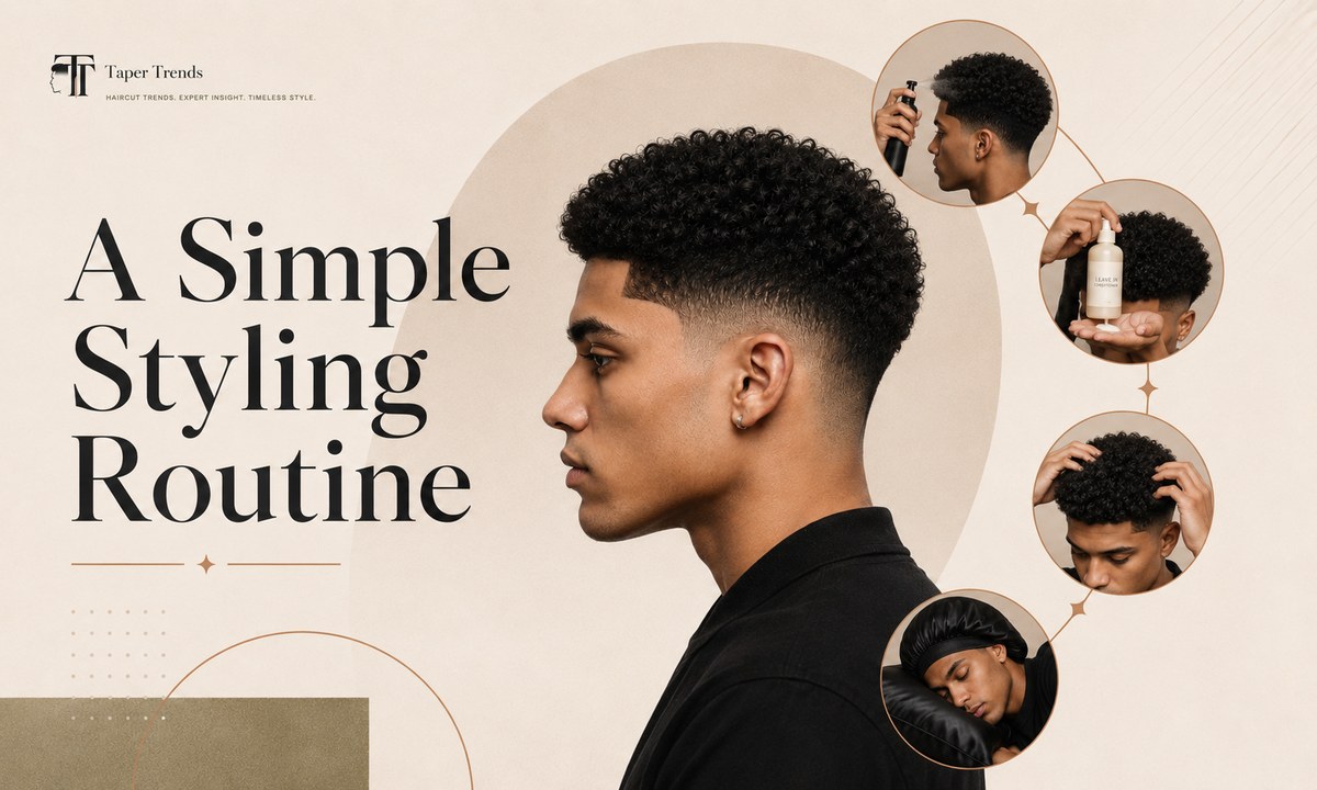 A simple styling routine for a low taper fade afro — misting, fluffing with a pick, and protecting the shape at night.