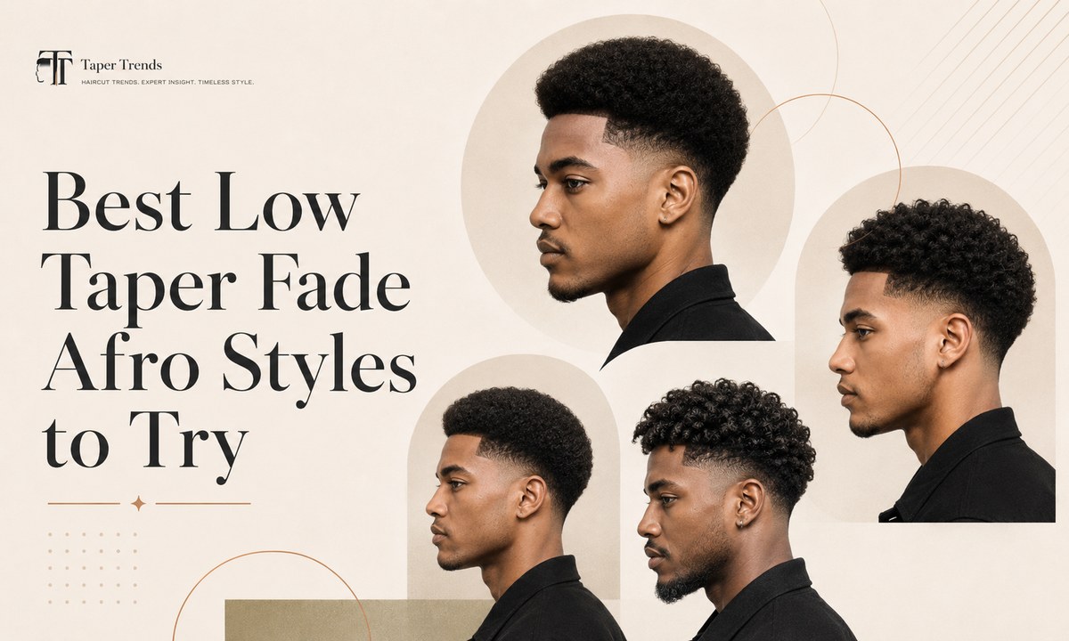 Best low taper fade afro styles — a classic round afro, a short afro, a full tall afro, and sponge curls over low-faded sides.