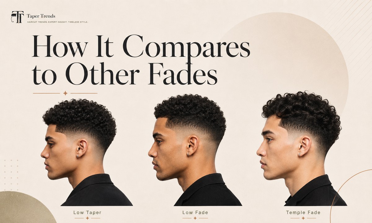 A low taper fade afro compared with a low fade, drop fade, and burst fade, showing how each one blends the sides differently.