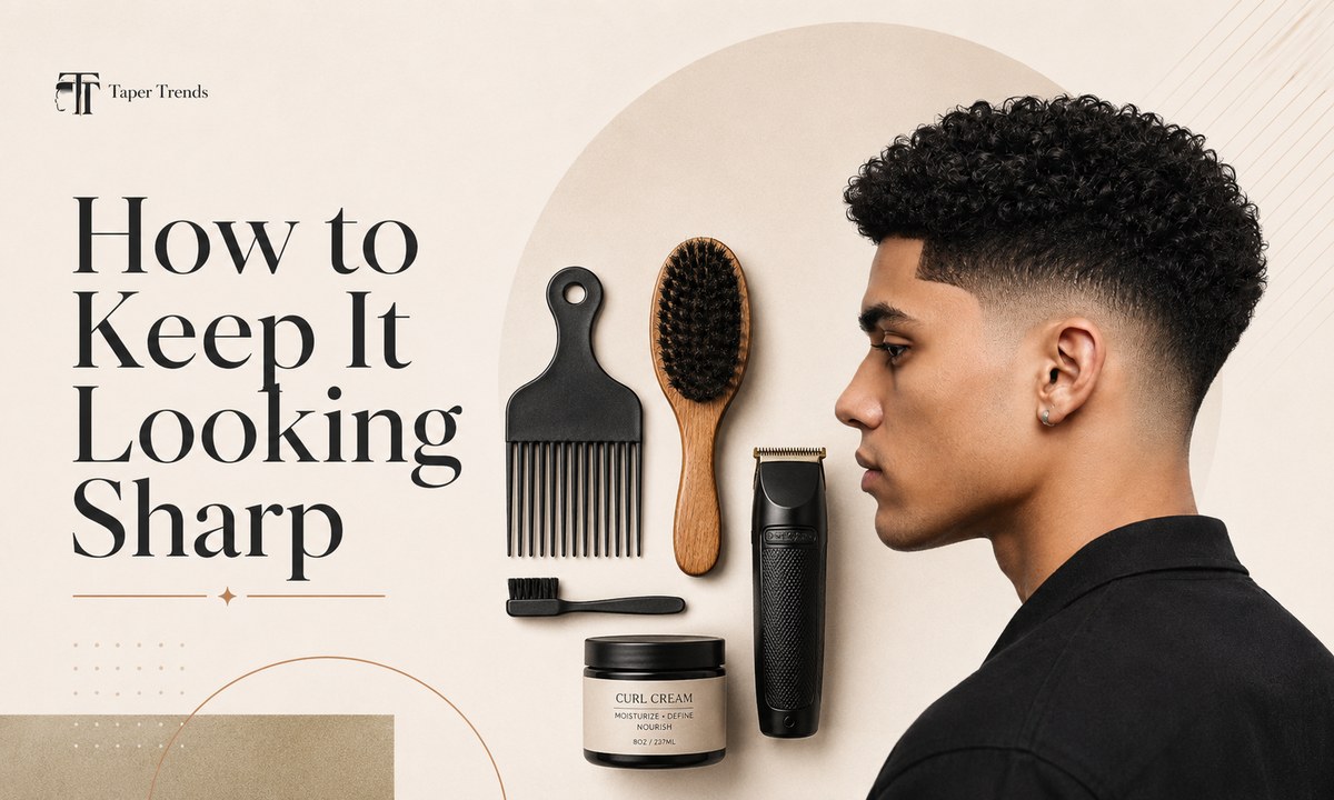 Keeping a low taper fade afro sharp — a barber cleaning up the neckline and line up while leaving the afro on top untouched.