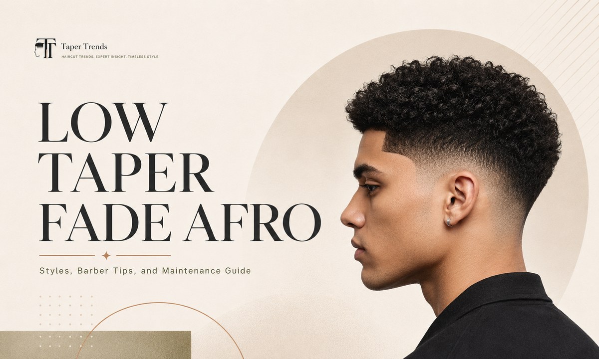 Low taper fade afro — a full, natural afro on top over sides tapered low around the ears and neckline.