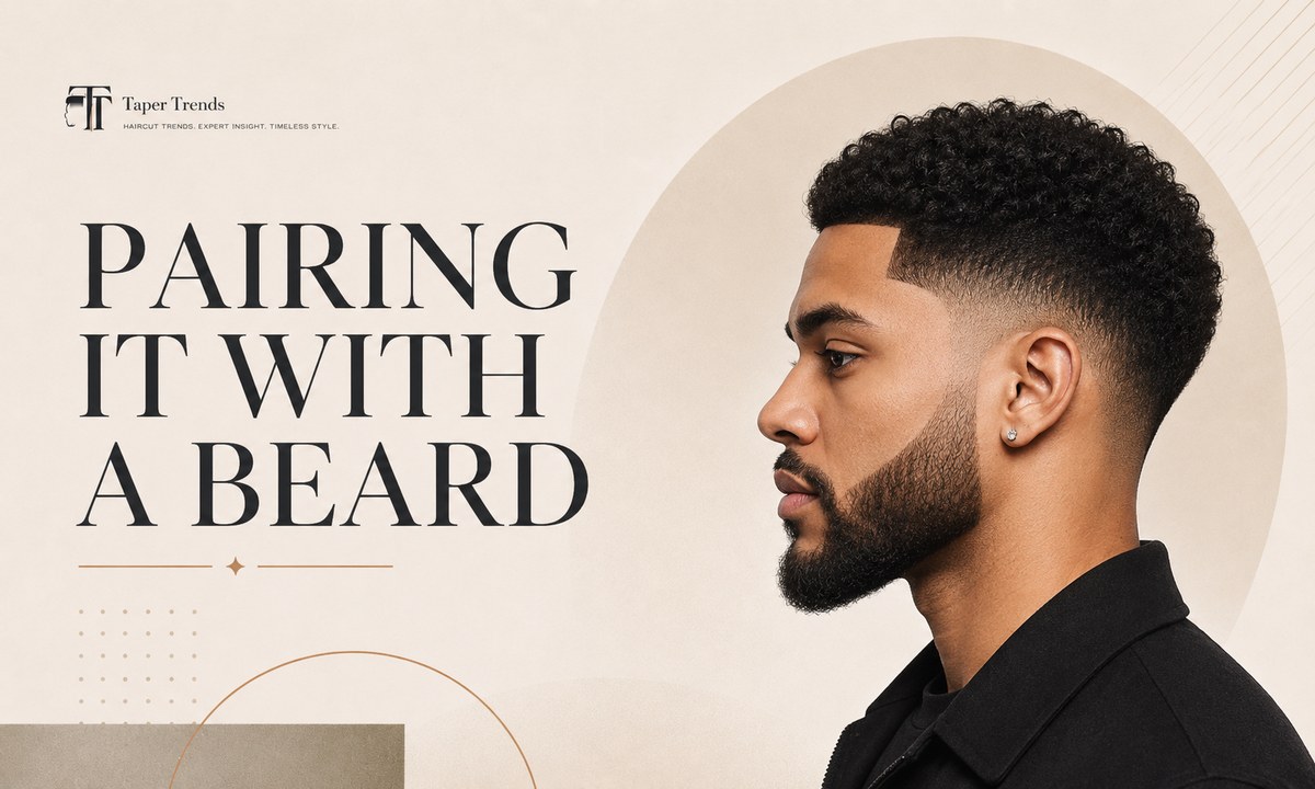 A low taper fade afro paired with a full beard, the sideburns tapered smoothly into the facial hair with no gap at the jaw.