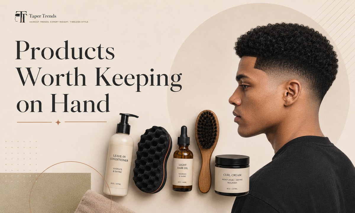 Products for a low taper fade afro — leave-in conditioner, a curl sponge, hair oil, a soft brush, and curl cream.