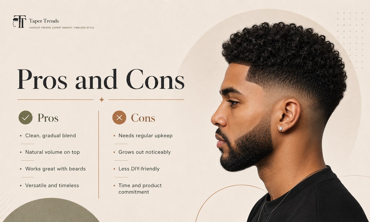The pros and cons of a low taper fade afro, weighing its versatility against the upkeep it needs.