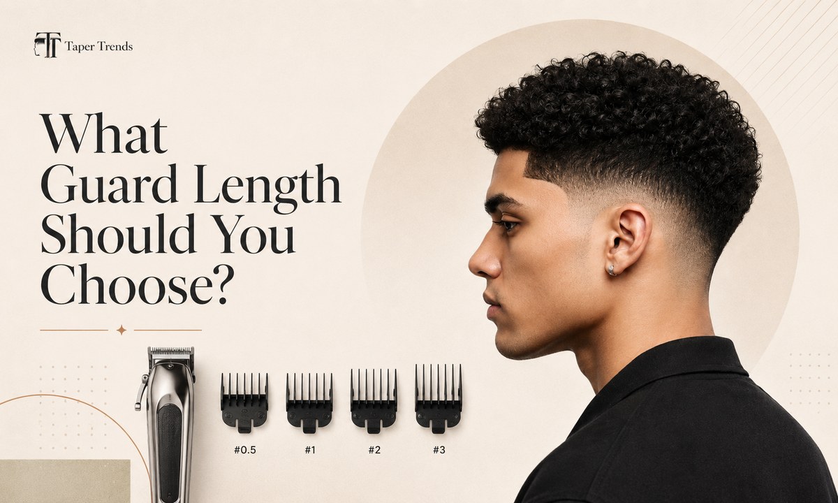 Guard length options for a low taper fade afro — a low skin taper, a #0.5 to #1 stubble taper, and a softer #2 to #3 taper.