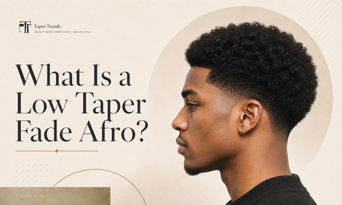 A low taper fade afro showing the top left full and natural while the sides taper low near the ears and neckline.