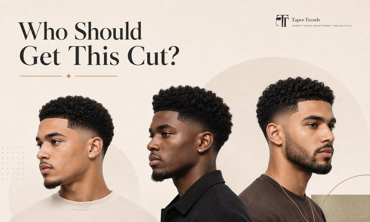 A low taper fade afro suited to natural 4A, 4B, and 4C textures across round, square, and oval face shapes.