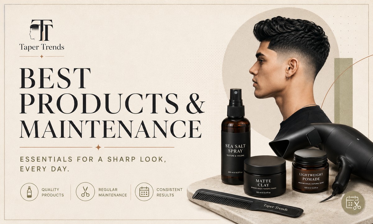 Best products for a low taper fade blowout — sea salt spray, texture powder, matte clay, lightweight pomade, mousse, and hairspray.