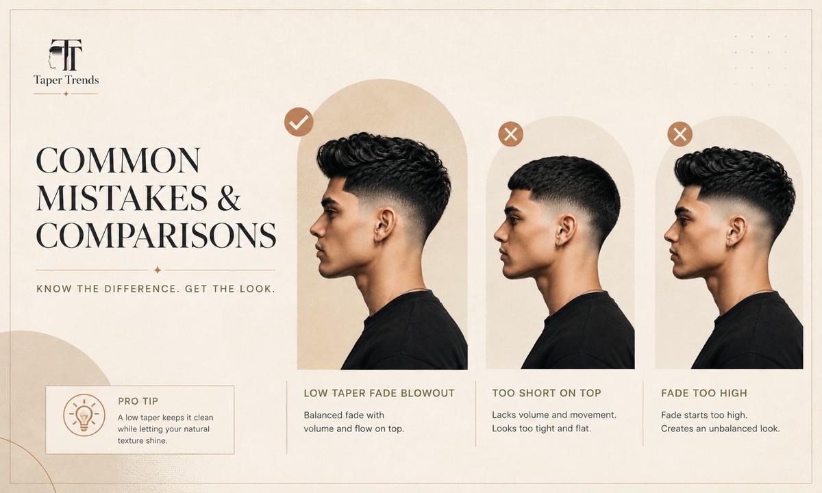 Common mistakes to avoid with a low taper fade blowout — cutting the top too short, the wrong fade height, too much product, and skipping the blow dry.