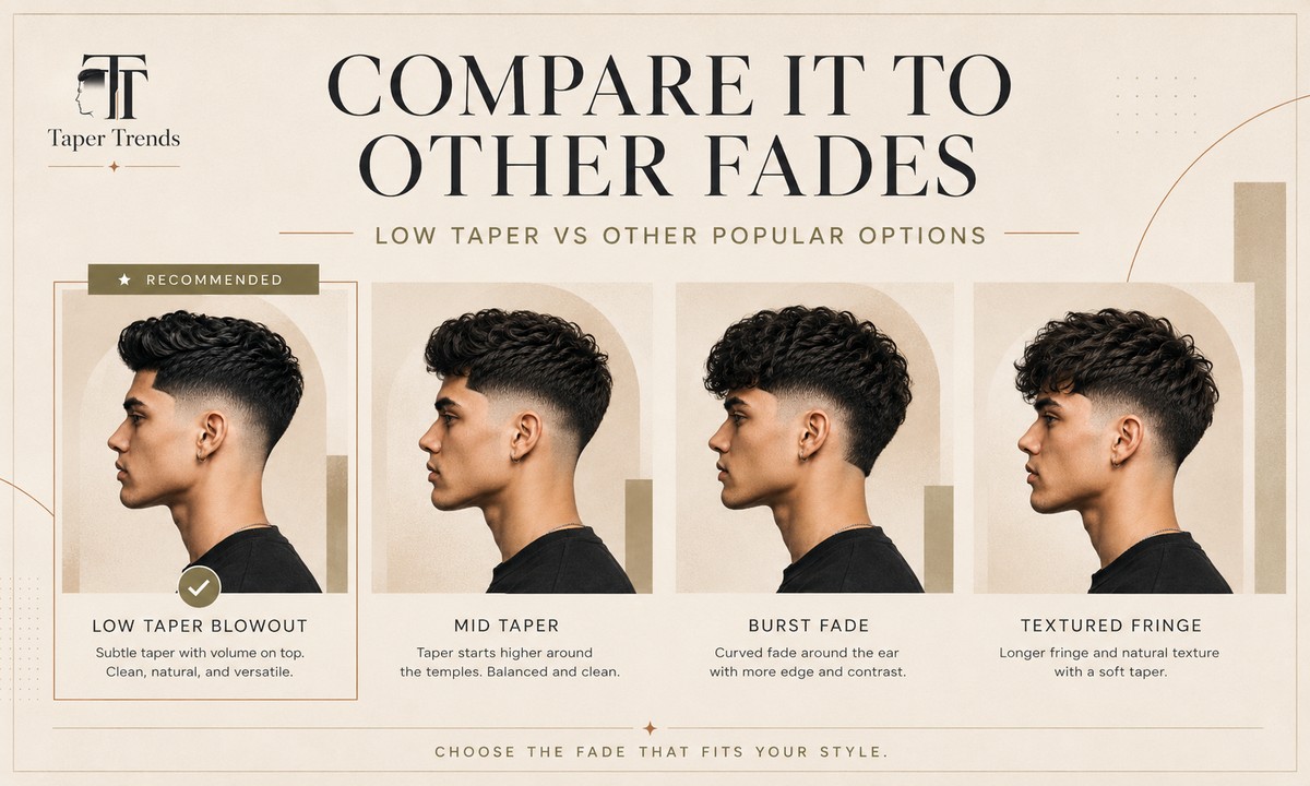 A low taper fade blowout compared with a mid taper blowout, a burst fade blowout, and a textured fringe.