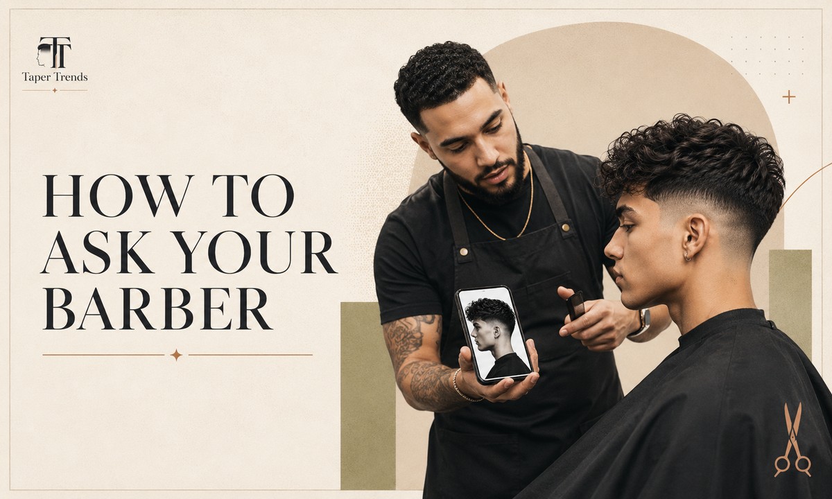 A barber giving a low taper fade on the sides and back while leaving extra length on top for a blowout.