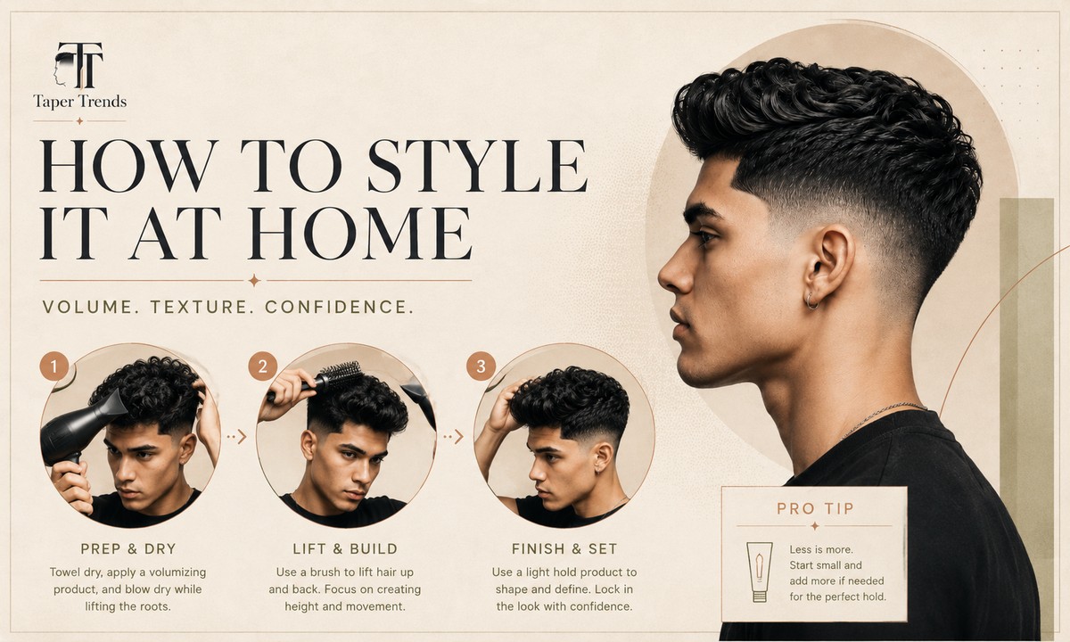 Styling a low taper fade blowout at home with a blow dryer and a round brush, lifting the hair up and slightly back.