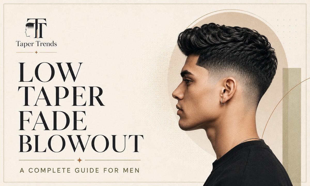 Low taper fade blowout — a full, brushed-up top with natural volume over sides that fade low near the ears and neckline.