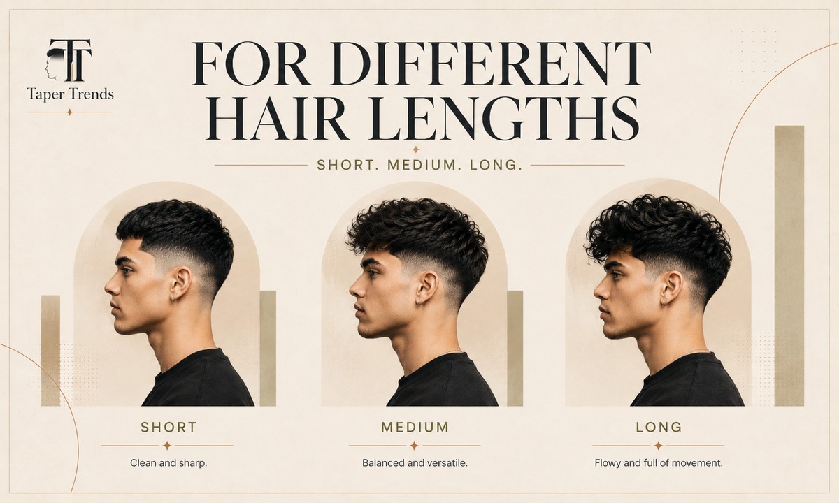 A low taper fade blowout on short, medium, and long hair, showing how much volume each length can hold.