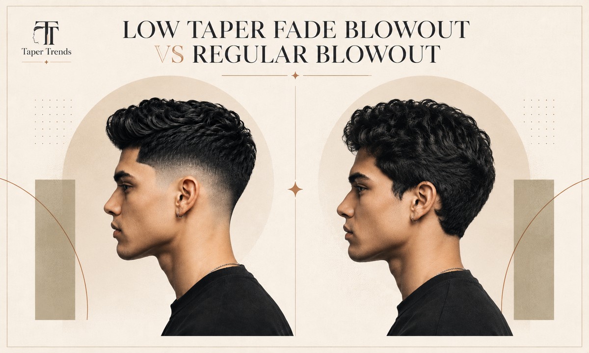 A low taper fade blowout next to a regular blowout, showing how the tapered sides frame the volume on top.